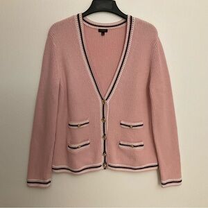 Talbots women blazer jacket pink beige size large button up v-neck pockets